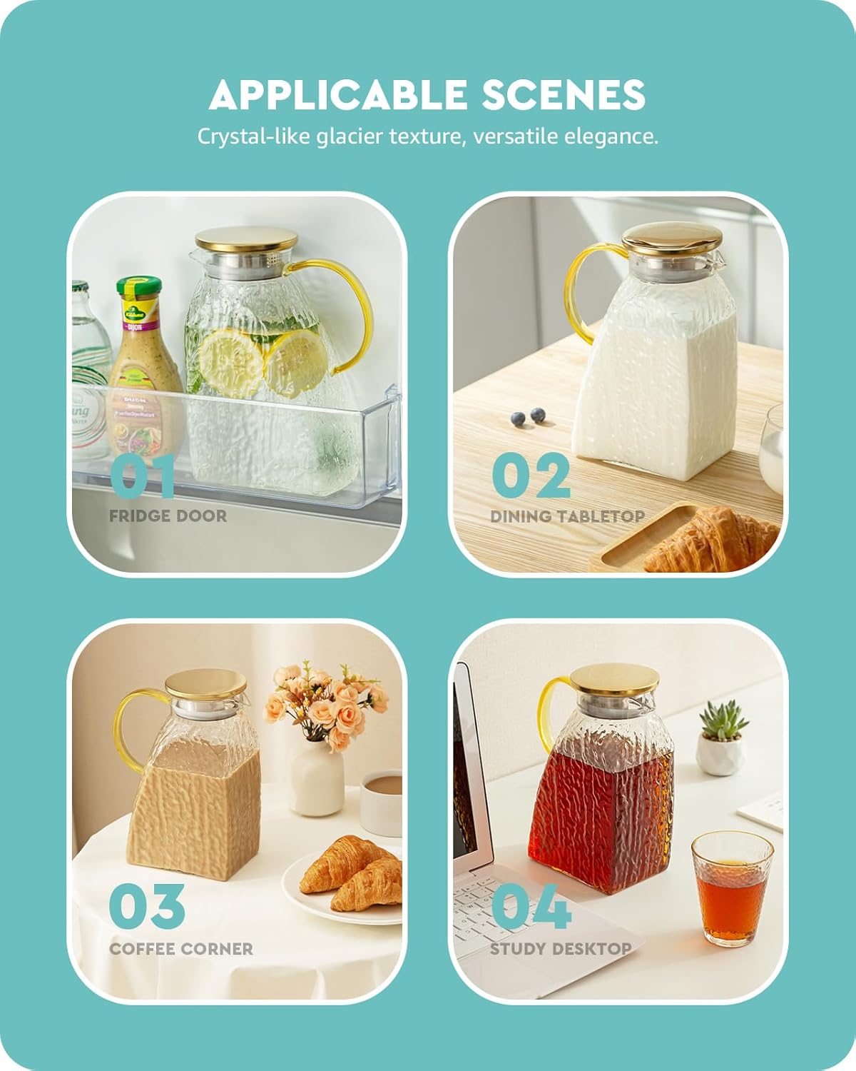 Baffect Water Pitcher Glass Jug With Lid and Spout(Glacier-Textured) | 63oz High Borosilicate Glass Pitcher With Gold Handle, Fridge Door Carafe For Hot Cold Drink, Mlik, Juice, Ice Tea, Lemonade