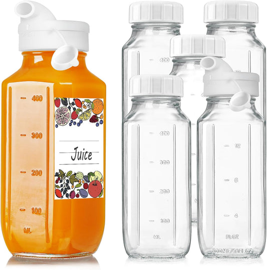 6 Pack 16 Oz Glass Juice Bottles with Lids,2 Pour Spouts &amp; Scale Marks