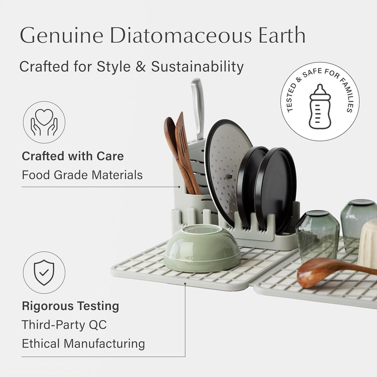 Dorai Home Collapsible Dish Drying Rack with Stone Dish Pad - Kitchen Counter Set with Diatomaceous Earth Stone Dish Mat for Quick Drying - Space-Saving Design - Large 24.6" x 16.5", Sandstone