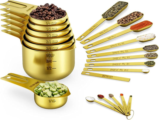 Wildone Gold Measuring Cups & Spoons Set of 21 - Includes 7 Stainless Steel Nesting Measuring Cups, 8 Measuring Spoons, 1