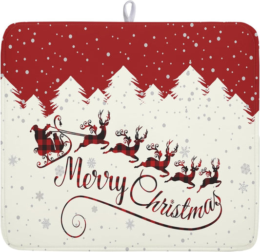 Christmas Moose Dish Drying Mat 16x18 Inch Cute Christmas Elk Drying Mat for Kitchen Counter Xmas Winter Santa Claus Absorbent Reversible Microfiber Dishes Pad Dish Drainer Mats Kitchen Accessories