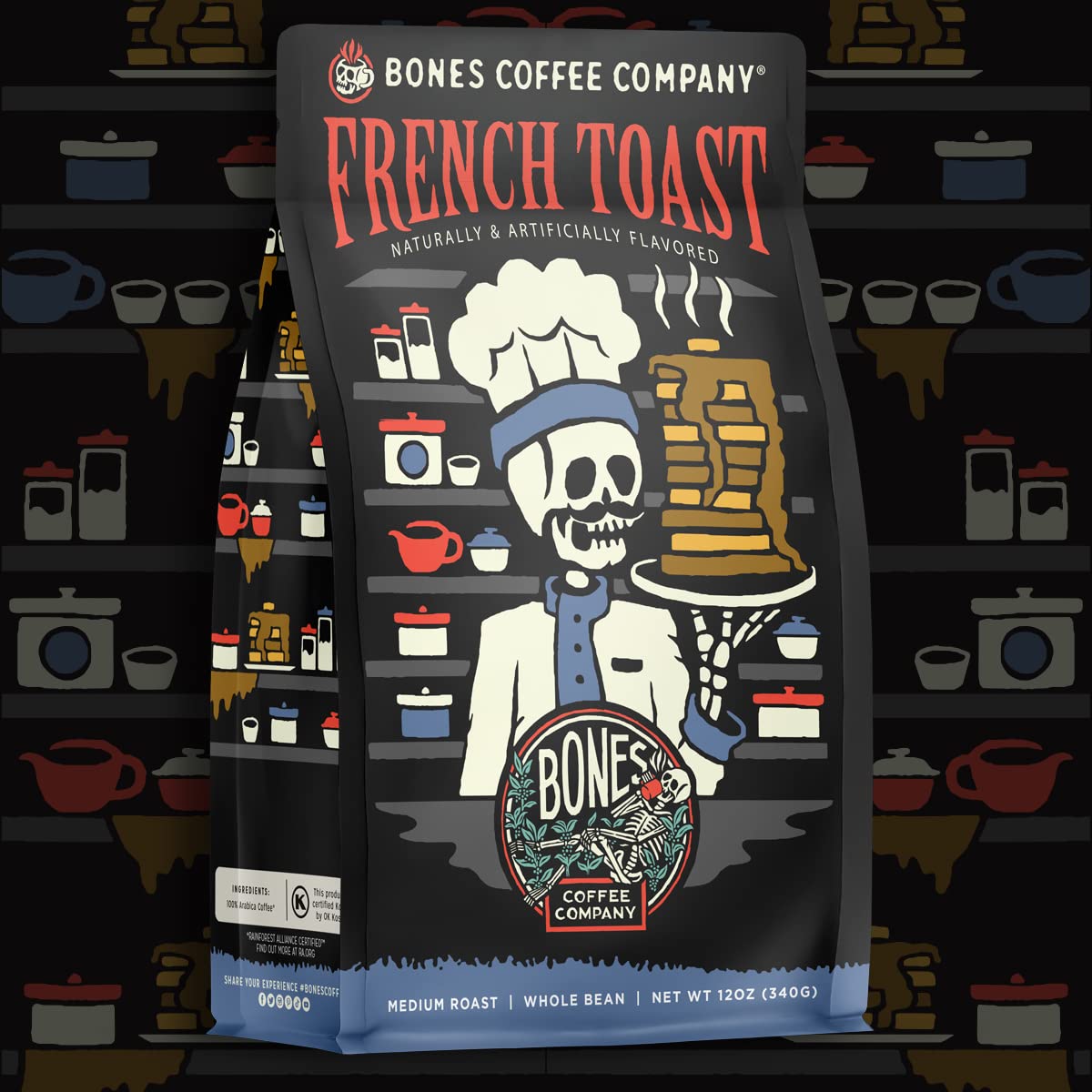 Bones Coffee Company French Toast, Sweet and Buttery Flavored Coffee, Medium Roast Low Acid Arabica Beans Compatible with Auto drip and French Press Coffee Maker, 12 Oz Ground