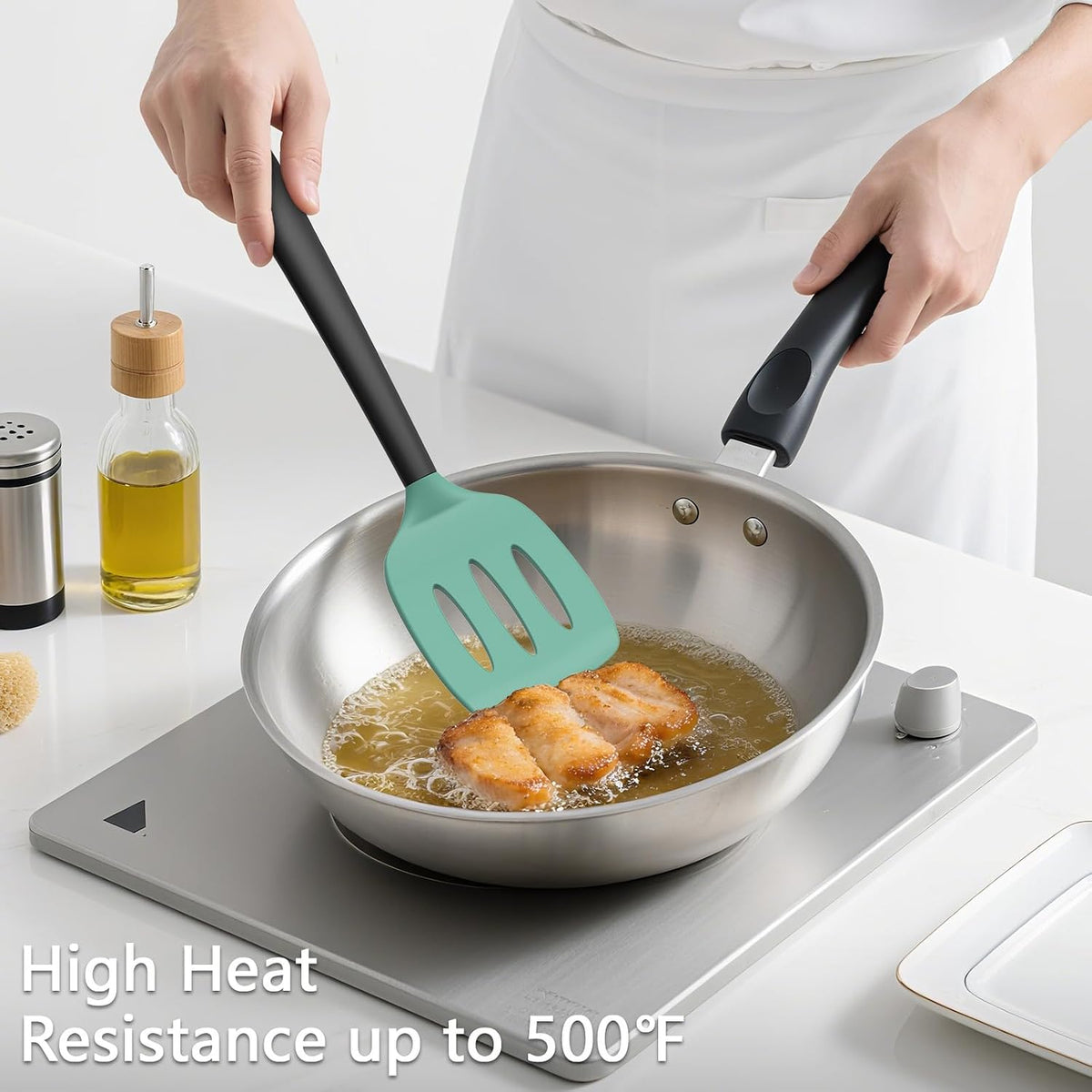 Coukre 3 Pack Silicone Spatula Set, Heat Resistant to 500°F, BPA-Free | Fish Spatula, Solid &amp; Slotted Turners, Dishwasher Safe, Spatula Set for Eggs, Pancakes, Fish &amp; Burgers, AquaGreenBlack
