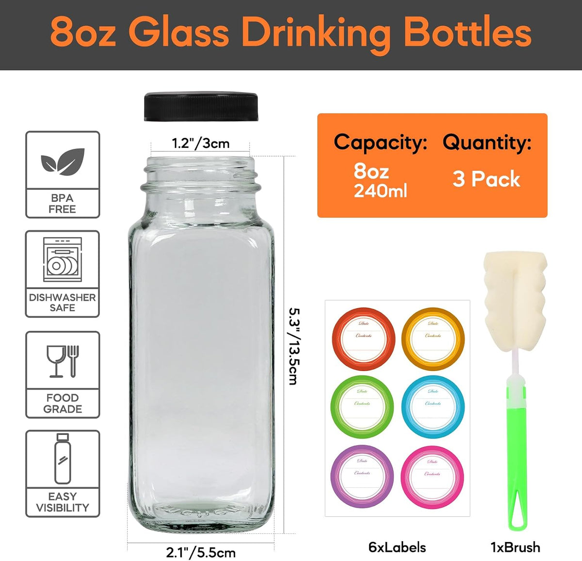 STARSIDE 8oz 3-Pack Glass Juice Bottles with Leak-proof Lids | Square Reusable Drinking Jars for Juicing, Milk, Kombucha - Includes 1 Bottle Brush, 6 Colored Labels