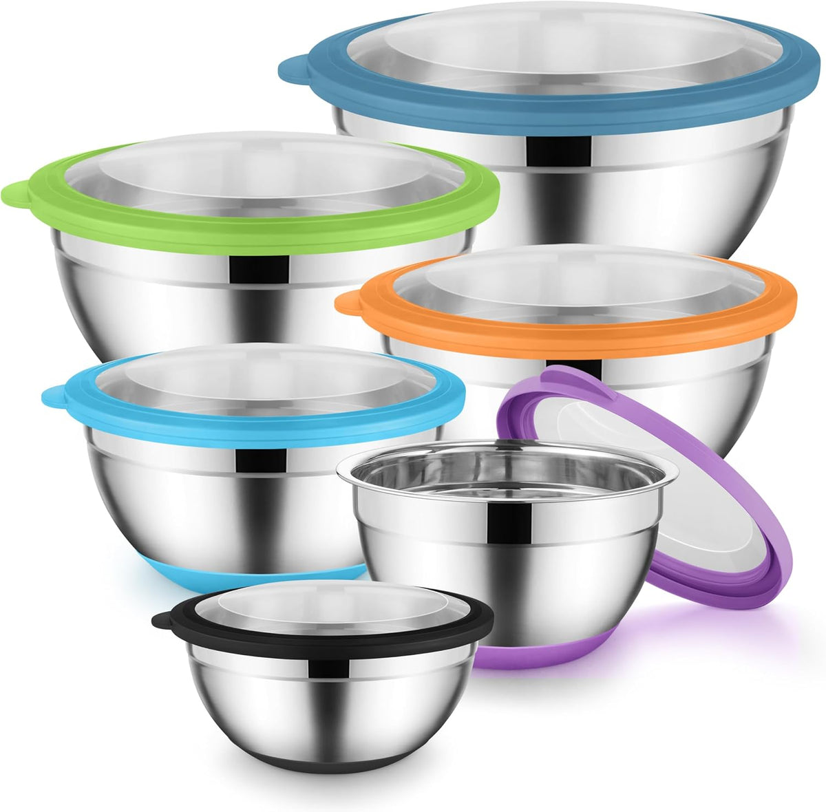 Onader Colorful Mixing Bowl Set of 6 for Kitchen, Large Stainless Steel Metal Nesting Mixing Bowls with Airtight Lids, Non Slip - Size 0.7, 1, 1.5, 2, 2.6, 4.6QT
