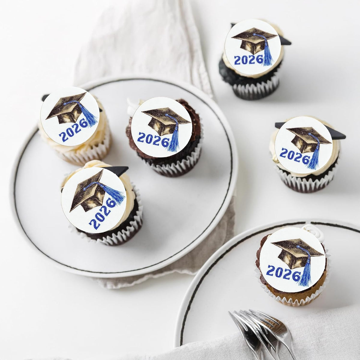 Gyufise 48Pcs Edible 2026 Graduation Cap Cupcake Toppers Wafer Paper Class of 2026 Grad Cap Cupcake Picks for 2026 Graduation Theme Party Cake Decorations Supplies Blue
