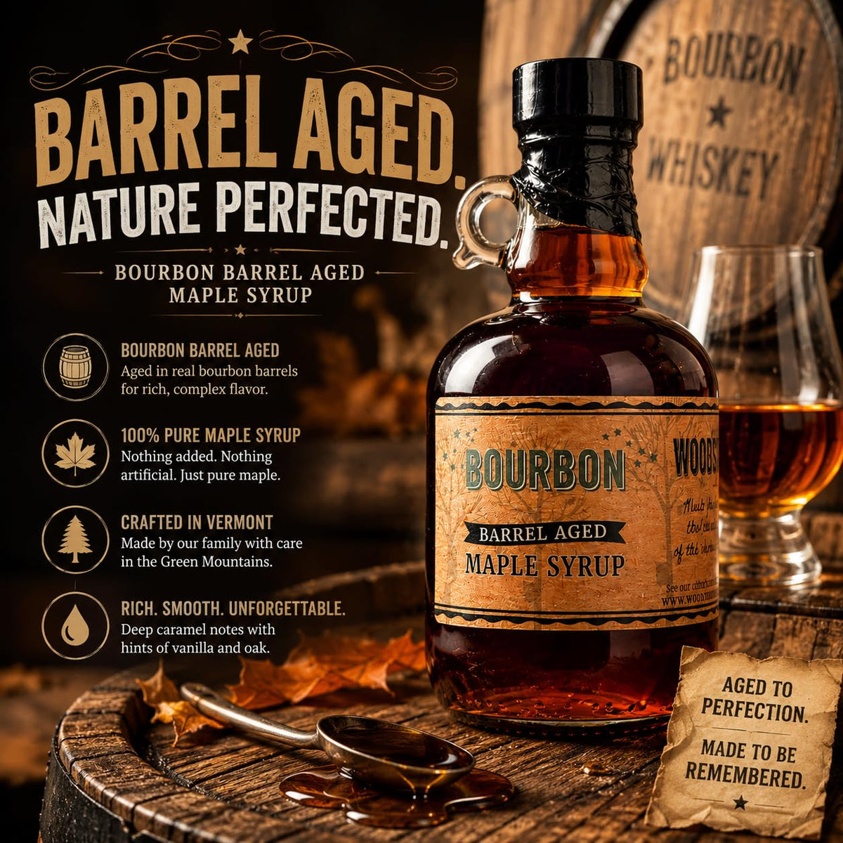 Wood's Vermont Bourbon Barrel Aged Maple Syrup – 100% Pure Grade A Dark Robust Maple Syrup, Small Batch Vermont Made, Oak Barrel Finished, Natural Sweetener for Pancakes, Cocktails, Coffee &amp; Baking, 8.45 oz