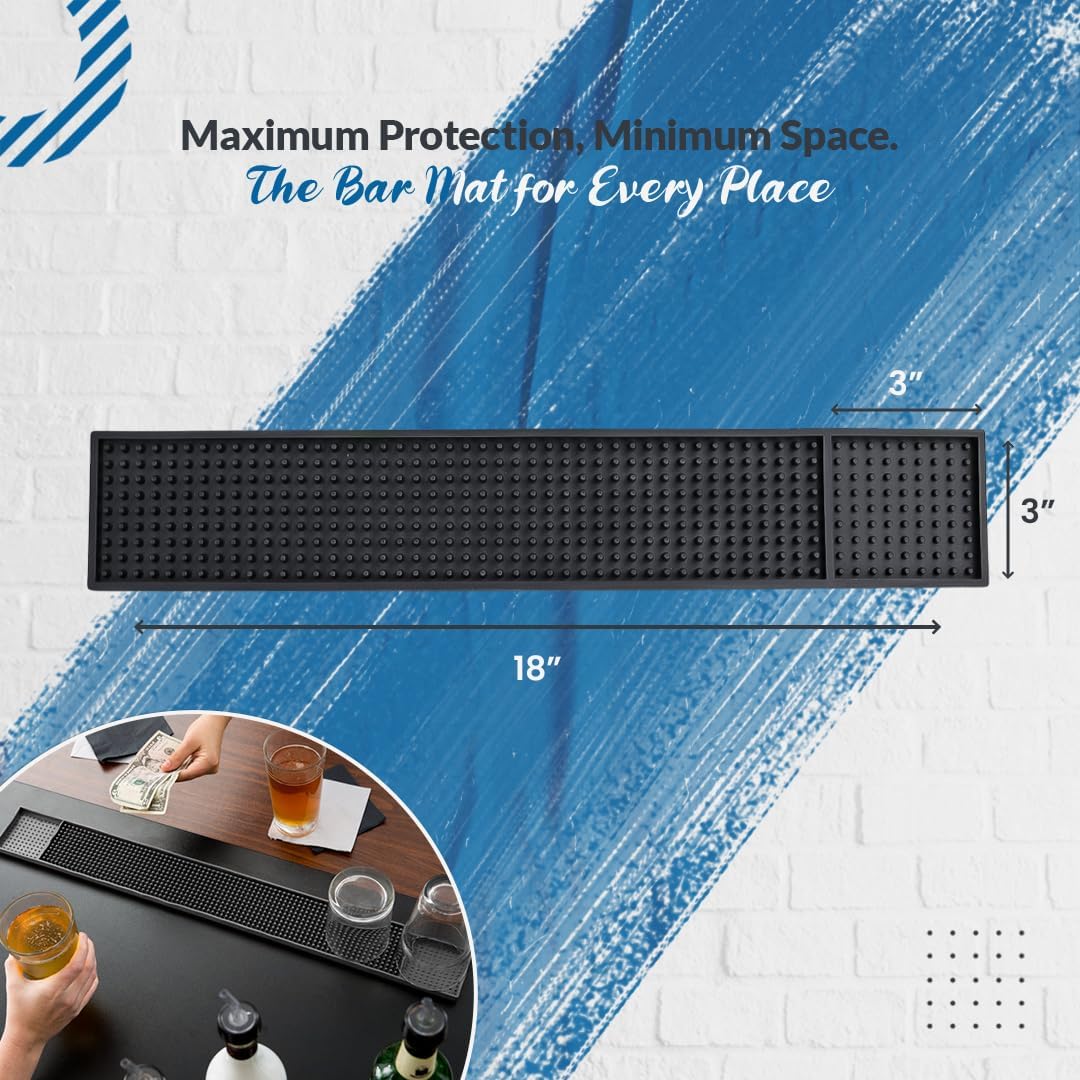 Bar Mats for Countertop by ProTensils - 18" x 3" Bar Rail Mat, Black Rubber Bar Mats for Bartending, Bar Service Drip Mat, Home Bar, Coffee Bar Mat Spill Matt (3 Pack)