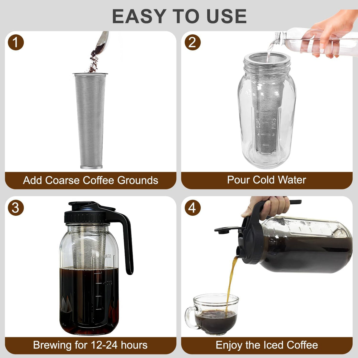 Cold Brew Coffee Maker, 64oz Glass Mason Jar Pitcher with Lid, Filter &amp; Mat