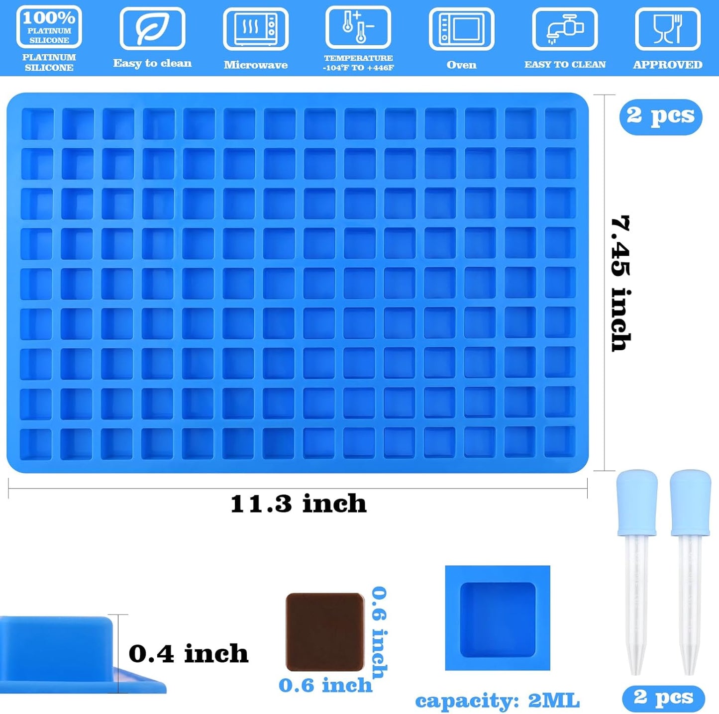 2 Pack Square Silicone Candy Molds, Nonstick 126 Cavity Mini Silicone Molds for Chocolate, Hard Candy, Gummy, Ice Cubes, Ganache (Blue)