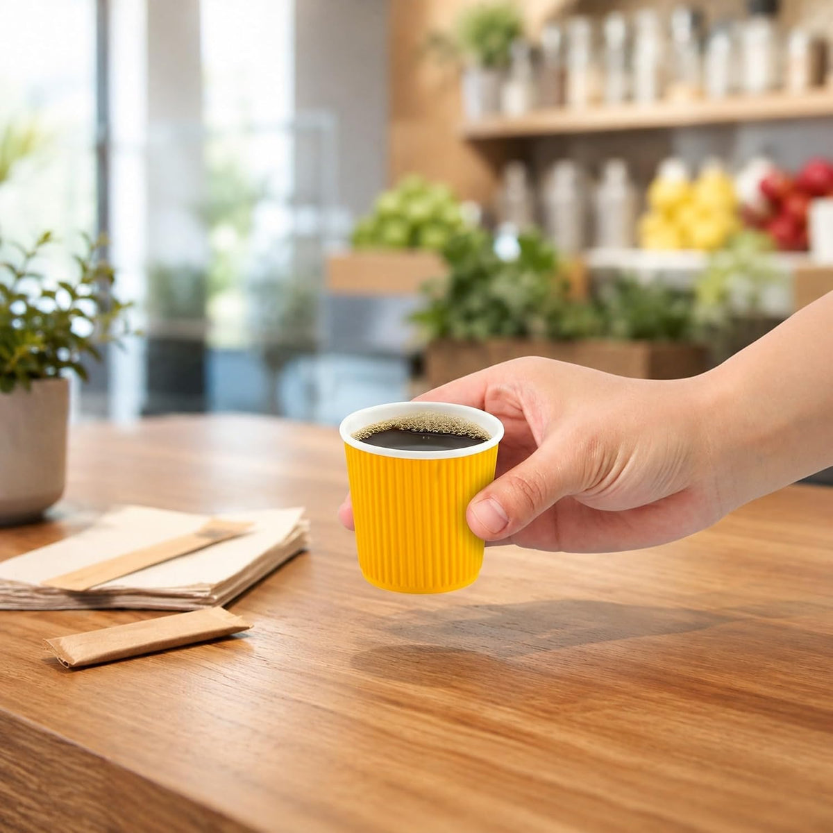 Restaurantware Ripple Wall Coffee Cups 25 Count 4 Ounce Insulated Yellow Paper Cups, Rolled Rim Spill-Resistant Disposable Paper Non-Slip for Coffee, Beverages