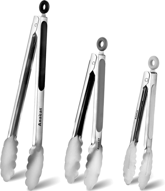 Anaeat Stainless Steel Locking Tong Set of 3 - Premium 7, 9 and 12 inch Kitchen Food Tongs with Non-Slip Silicone Tips and