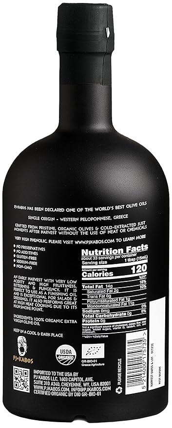 PJ KABOS 2025 Gold Award Winner, Very High Phenolic (750+ mg/kg), USDA Organic Greek Extra Virgin Olive Oil, Kosher, Greece, Cold Extracted, 16.9oz Bottle, Family Reserve Organic - Robust