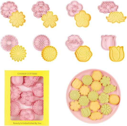 8PCS Flowers Cookie Cutter Sets Daisy Rose Cookie Cutters with Plunger Stamps Sun Flower 3D Plastic Pressable Biscuit Molds