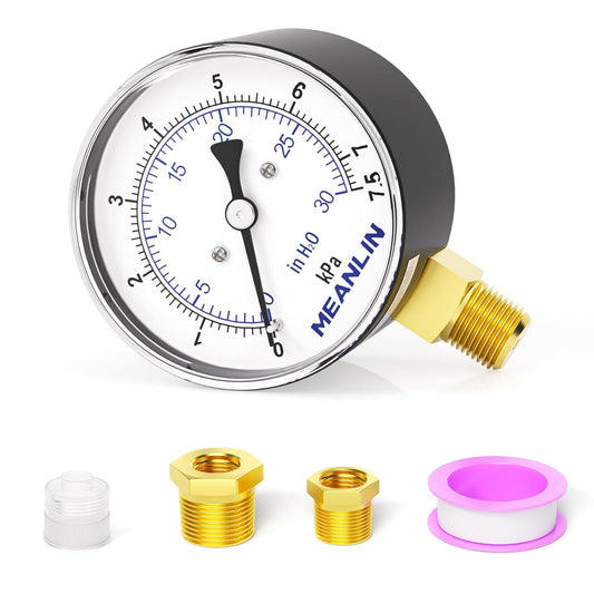 MEANLIN MEASURE 0-30 in H2O Diaphragm Type Capsule Low-Pressure Gauge, Water Column Gauge, 2.6" Dial, 1/4" NPT, Rear