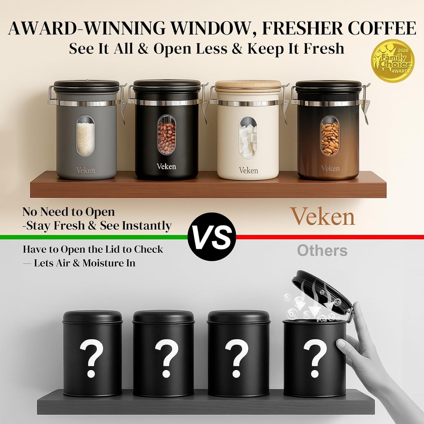 Veken Coffee Canister with Window, Airtight Stainless Steel Container, 22OZ | Gifts For Women, Kitchen Food Storage for Beans,Ground,Espresso,Rice,Tea,Sugar,Cereal,Bar Accessories,Lids,Jars, Scoop, Cream
