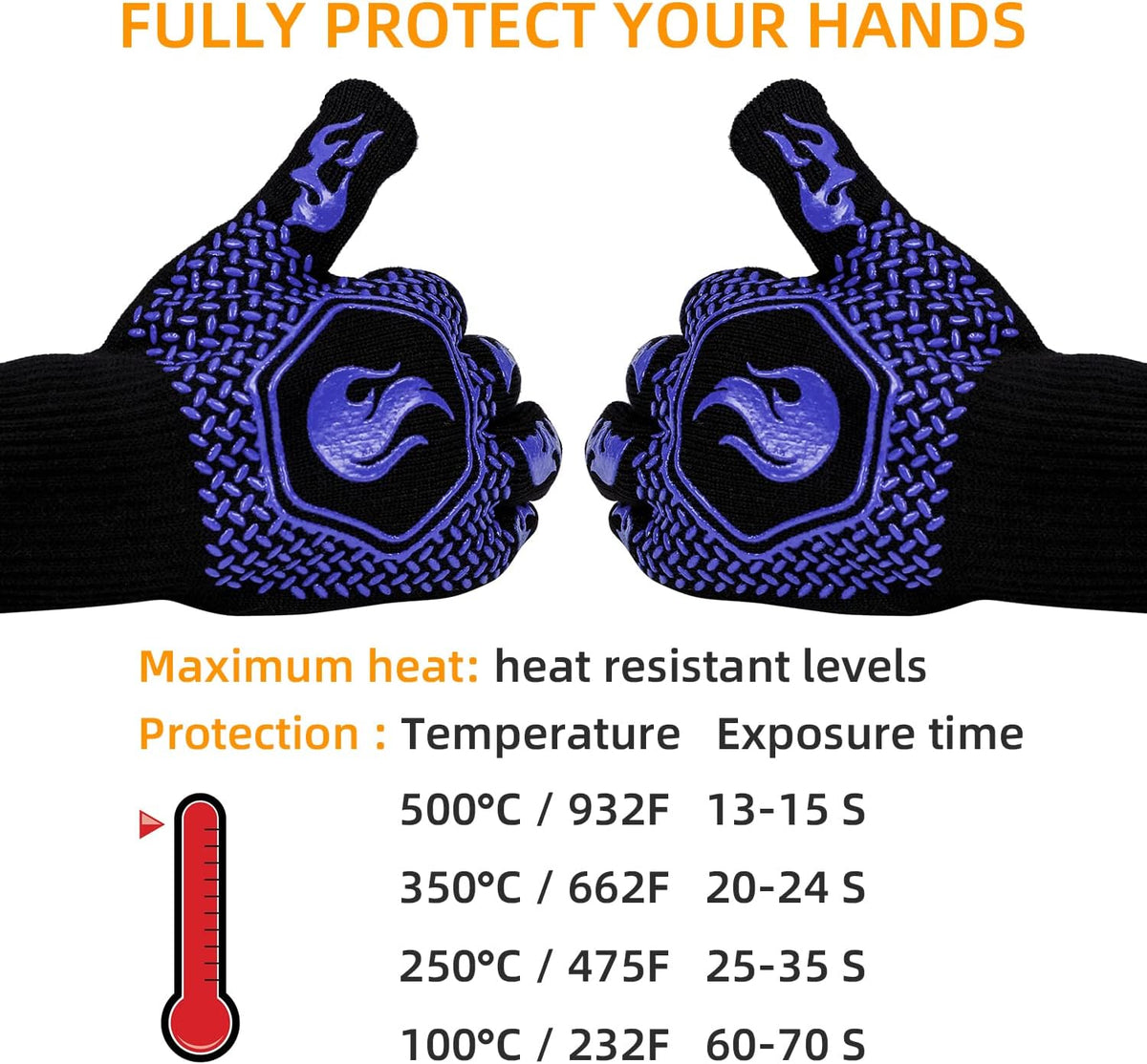 BBQ Gloves 1472F Heat Resistant Non-Slip Silicone 13.5in (Blue) | Grill Cut-Resistant, Oven Kitchen Safe for Barbecue, Cooking, Frying