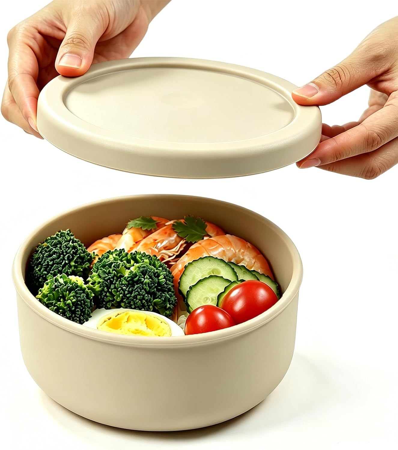 24 fl oz Adult Silicone Reusable Lunch Bento Bowl with Lid, Medium Airtight Food Storage Container for Cereal, Meal Prep &amp; Leftovers, BPA Free, Microwave Fridge Dishwasher Safe (Beige 1 Pack)