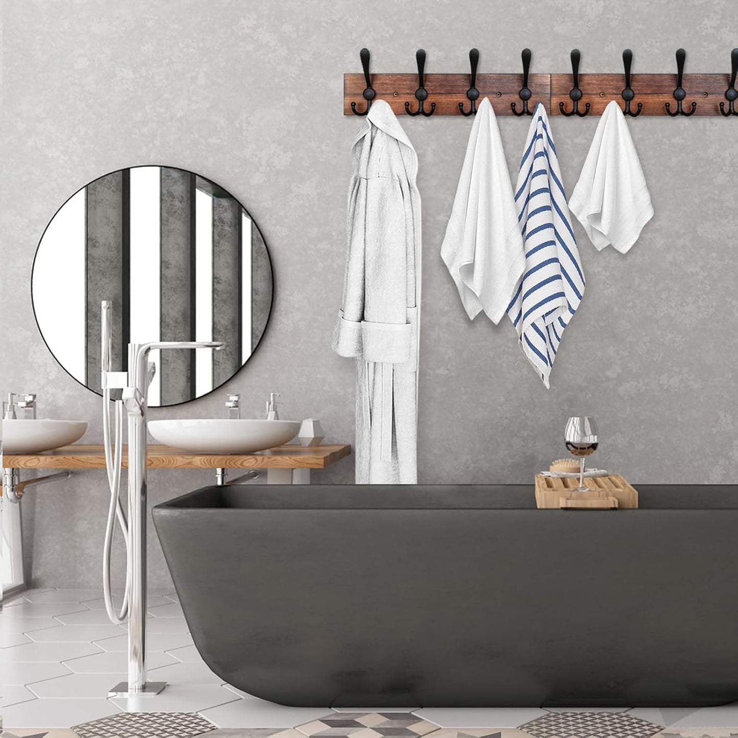 IBosins Wall Mounted Coat Rack, 31.4" Long with 8 Black Rustic Tri-Hooks