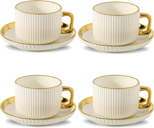 LETAOTAO Cappuccino Cups with Saucers, 8oz Ceramic Coffee Cups with Saucers Set, Latte Art Coffee Mugs with Gold Trim, Tea