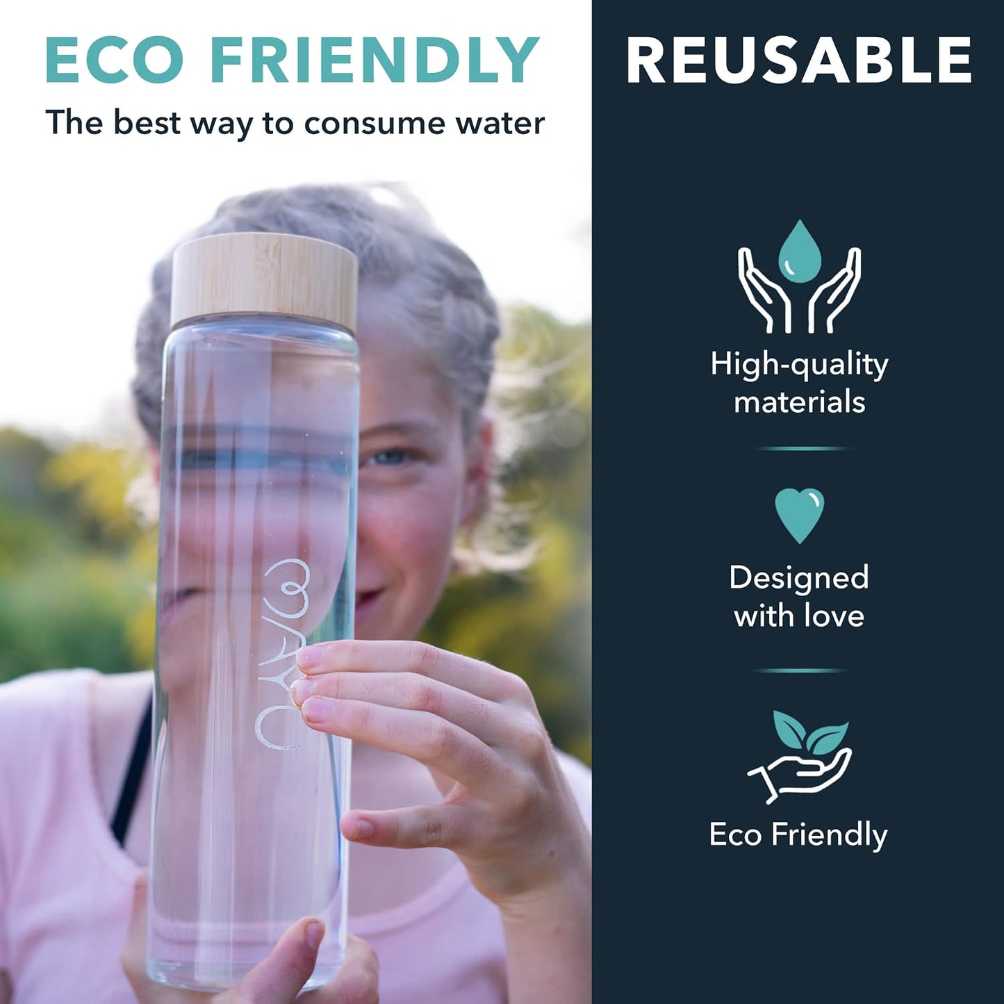 mayu, Pure Glass Reusable Water Bottle w/Bamboo Lid (1 Liter), 100% Grade-A Borosilicate Glass, Modern Minimalist Design, Leak Proof, Eco Friendly, Great for Outdoor &amp; Everyday Use, Dishwasher Safe