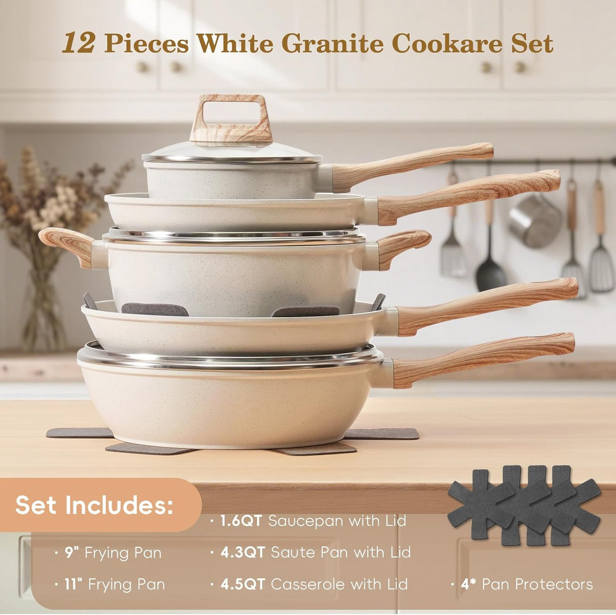 17 Pcs Pots and Pans Set Non stick，Cookware Sets White Granite Induction Cookware, Non-toxic Healthy Non Stick Kitchen Cooking Set with Frying Pans Set, Saucepans (PFAS, PFOA, PFOS Free) White