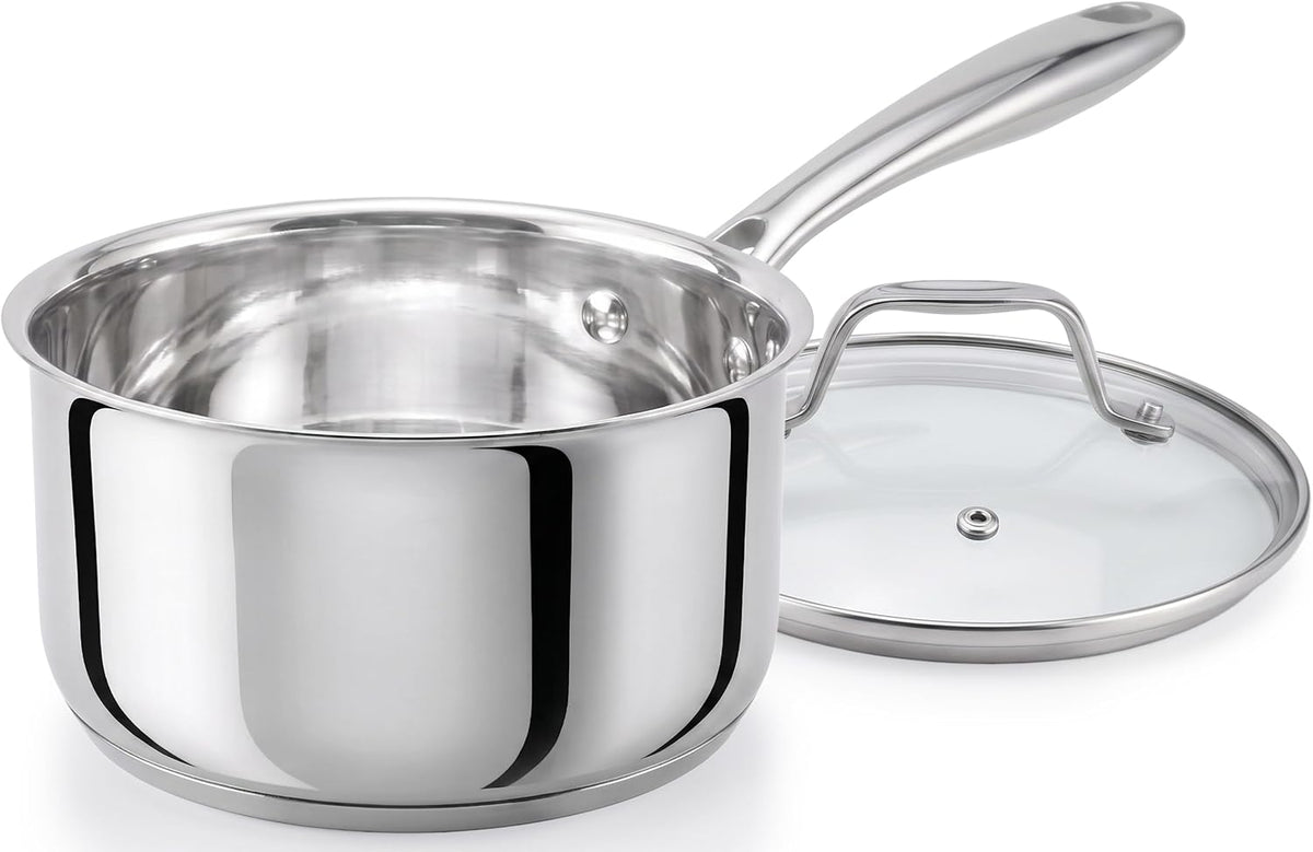 NutriChef 2 Quart Stainless Steel Pot with Lid - Heavy Duty Saucepan with Ergonomic Handles, For All Cooktops