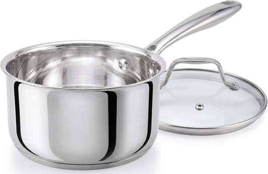 NutriChef 2 Quart Stainless Steel Pot with Lid - Heavy Duty Saucepan with Ergonomic Handles, For All Cooktops