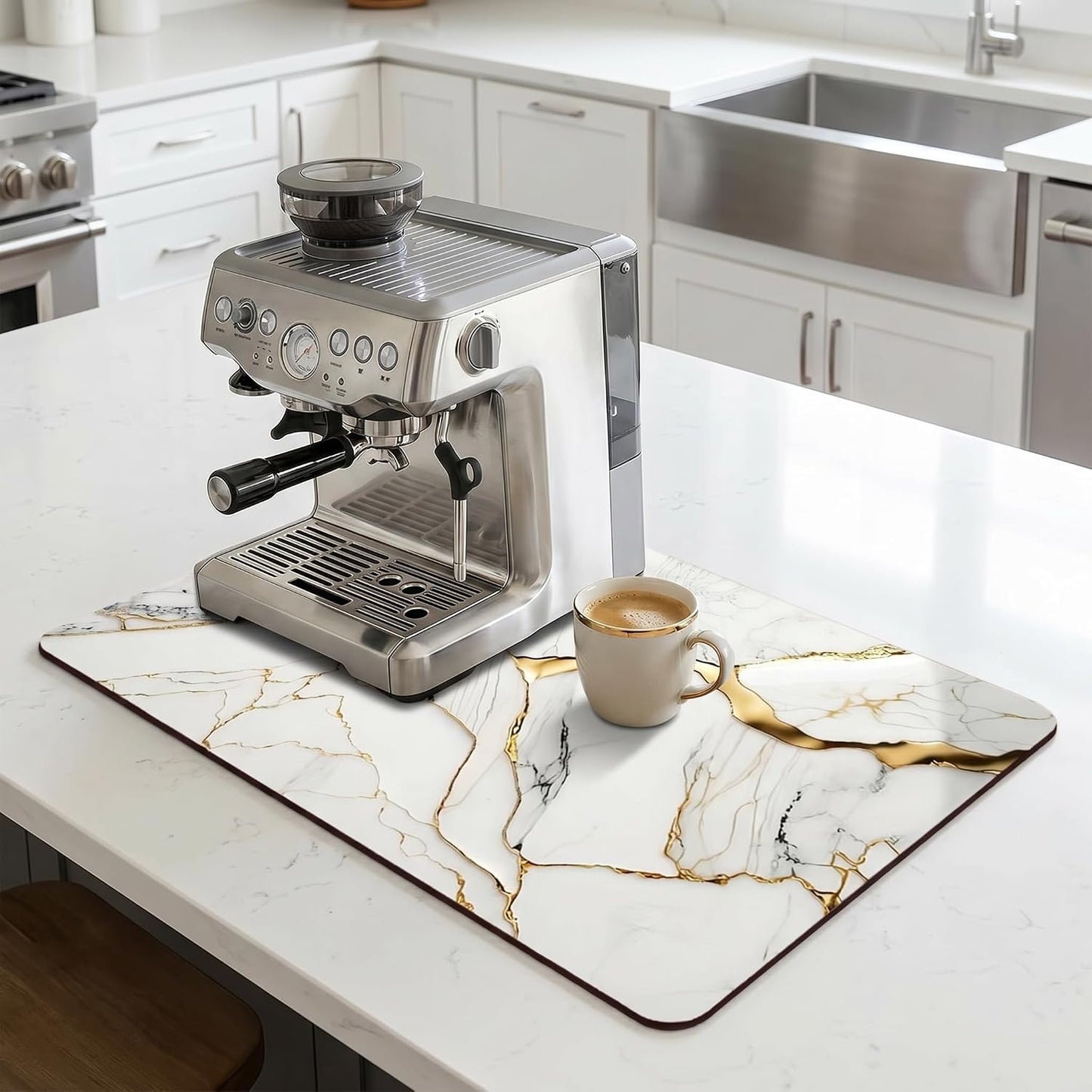 Coffee Mat or Dish Drying Mat Super Absorbent Drying Marble pattern Mat, Fit Under Coffee Maker Espresso Machine Absorbent Hide Stain Rubber Backed Dish Drying Mat for Kitchen Counter (12″x 20″white)