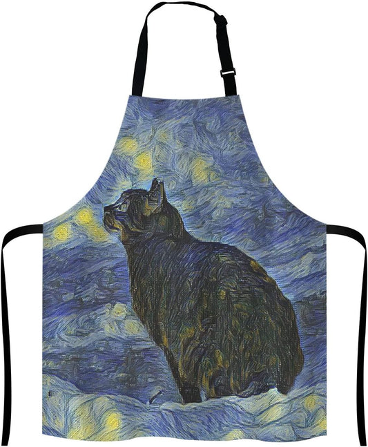 Apron for Women and Men, Oil Painting Galaxy Cat Adjustable Kitchen Chef Apron for Cooking Baking - Cute Birthday,