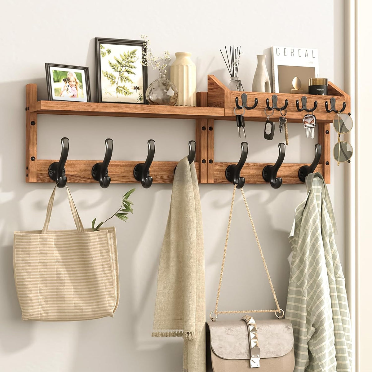 Evermagin 29" Coat Rack Wall Mount with Shelf &amp; 11 Hooks, Entryway, Brown