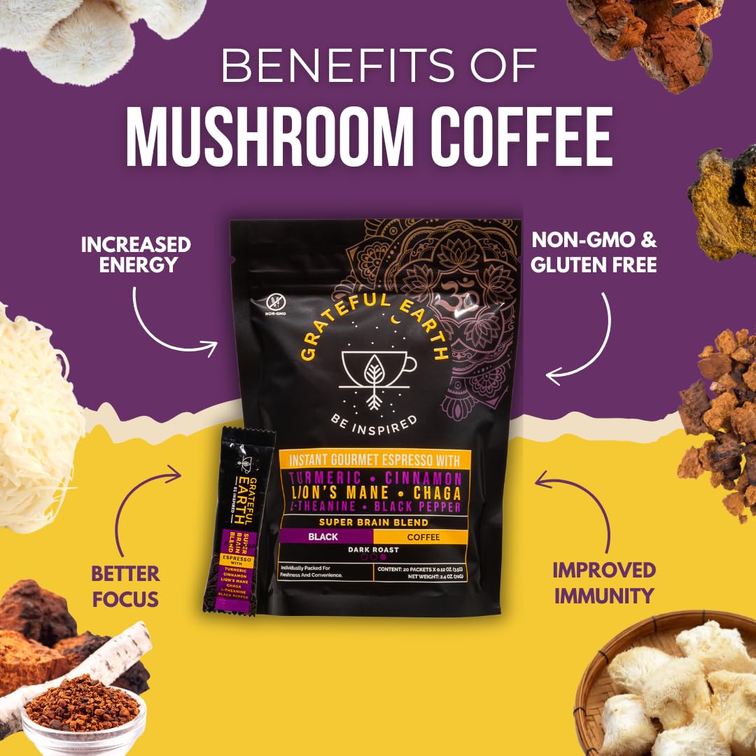 Grateful Earth Instant Espresso Coffee With Lion's Mane, 2 Bags, 40 Ct