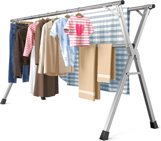 95 Inches Heavy - Duty Stainless Steel Folding Clothes Drying Rack Indoor Outdoor Anti-Rust 20 Windproof Hooks Portable &