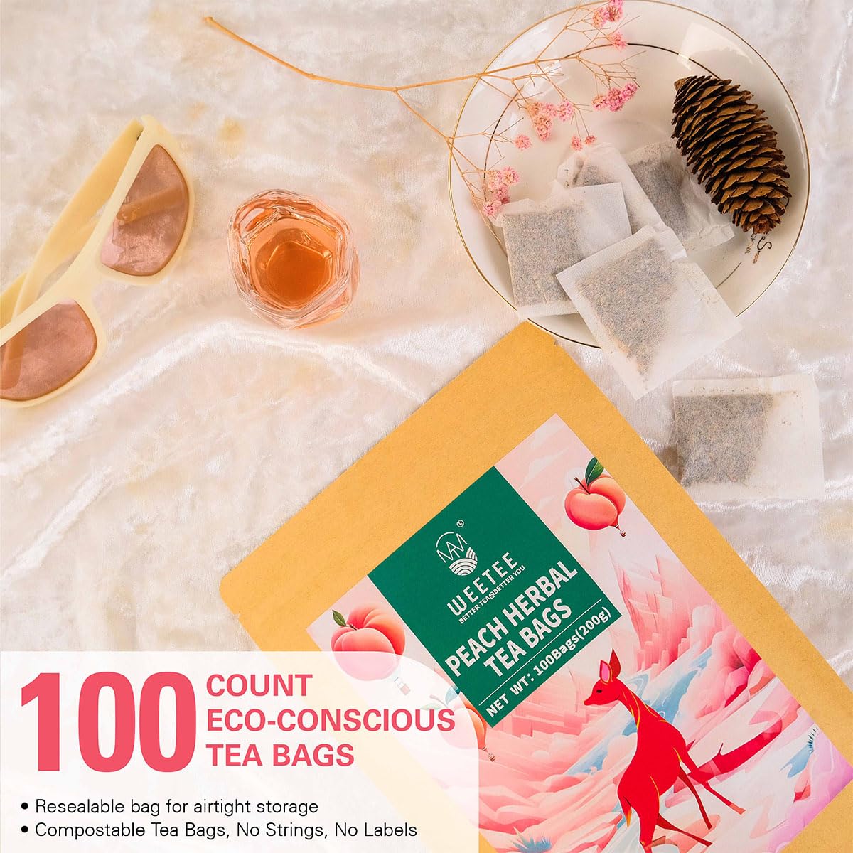 WT WEETEE Peach Herbal Tea Bags 100 Count, Bright, Juicy &amp; Fruity Infusion | Caffeine-Free Blend with Real Rose Hip, Orange Peel, Chamomile &amp; Natural Peach Flavor, Daily Wellness Tea for Hot or Iced