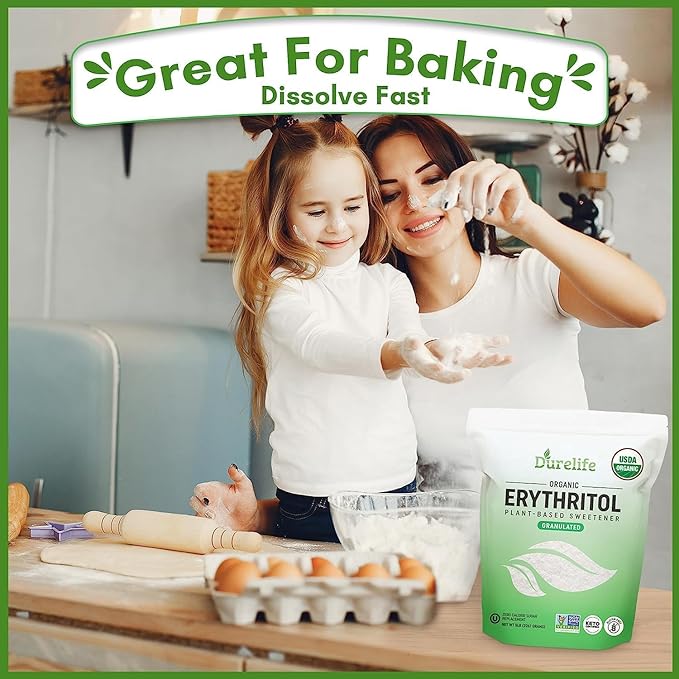 Durelife USDA organic erythritol sweetener, non gmo verified, Keto certified, No After Taste, Kosher, Zero Calorie Plant-Based Sugar Alternative 10 LB