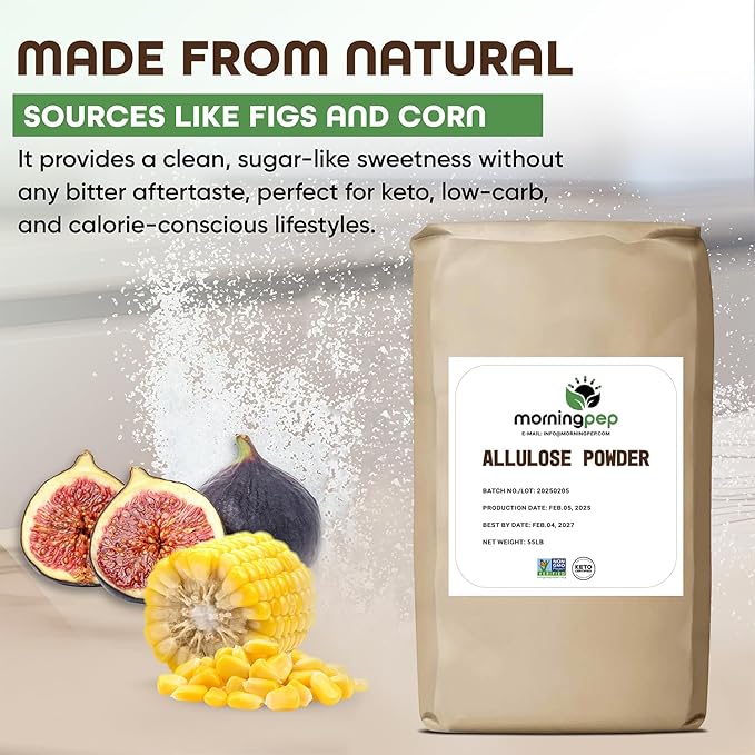 Morning Pep Allulose Sweetener 55 lb – Zero Calorie Sugar Alternative, 100% Pure, No Erythritol, Non-GMO Project Verified, Keto Certified, OU Kosher, No Fillers, Ideal for Baking and Beverages, BULK Bag