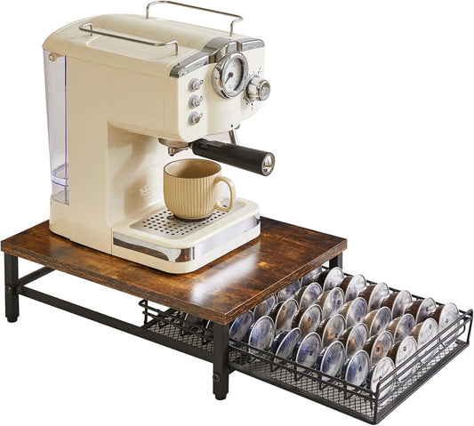 IBUYKE Coffee Pod Drawer Holder,40 Capsule Pods,Compatible for Nespresso Vertuo Pods,Wooden Top and Mesh Shelves,Home