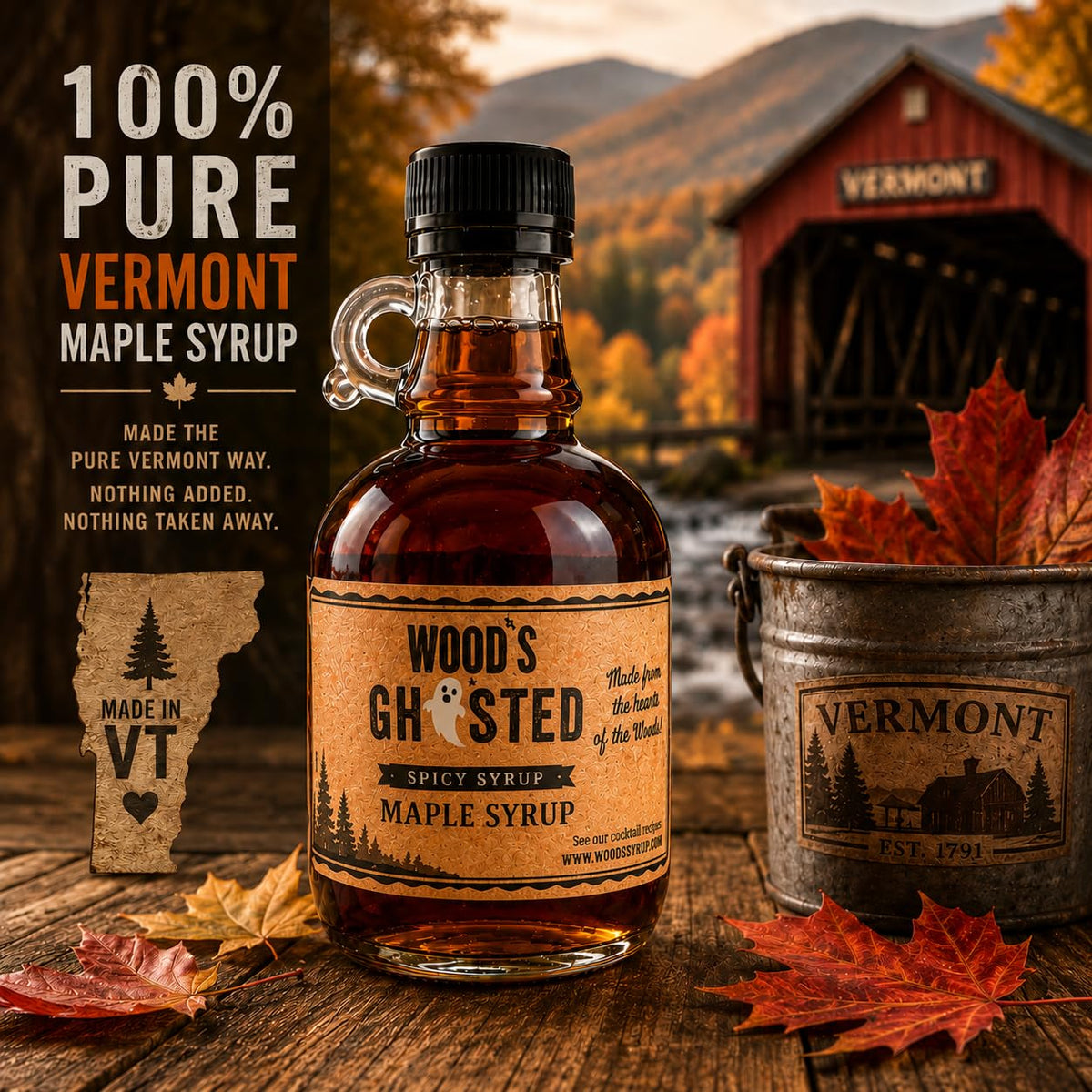 WOOD'S “Ghosted” Maple Syrup – Ghost Pepper Infused | Sweet &amp; Spicy Flavor Fusion | Small-Batch Vermont Syrup with Real Ghost Pepper Extract | Vegan, Natural, Eco-Friendly | Great for Cocktails, BBQ, Glazes &amp; More |8.45 Fl Oz (250mL)