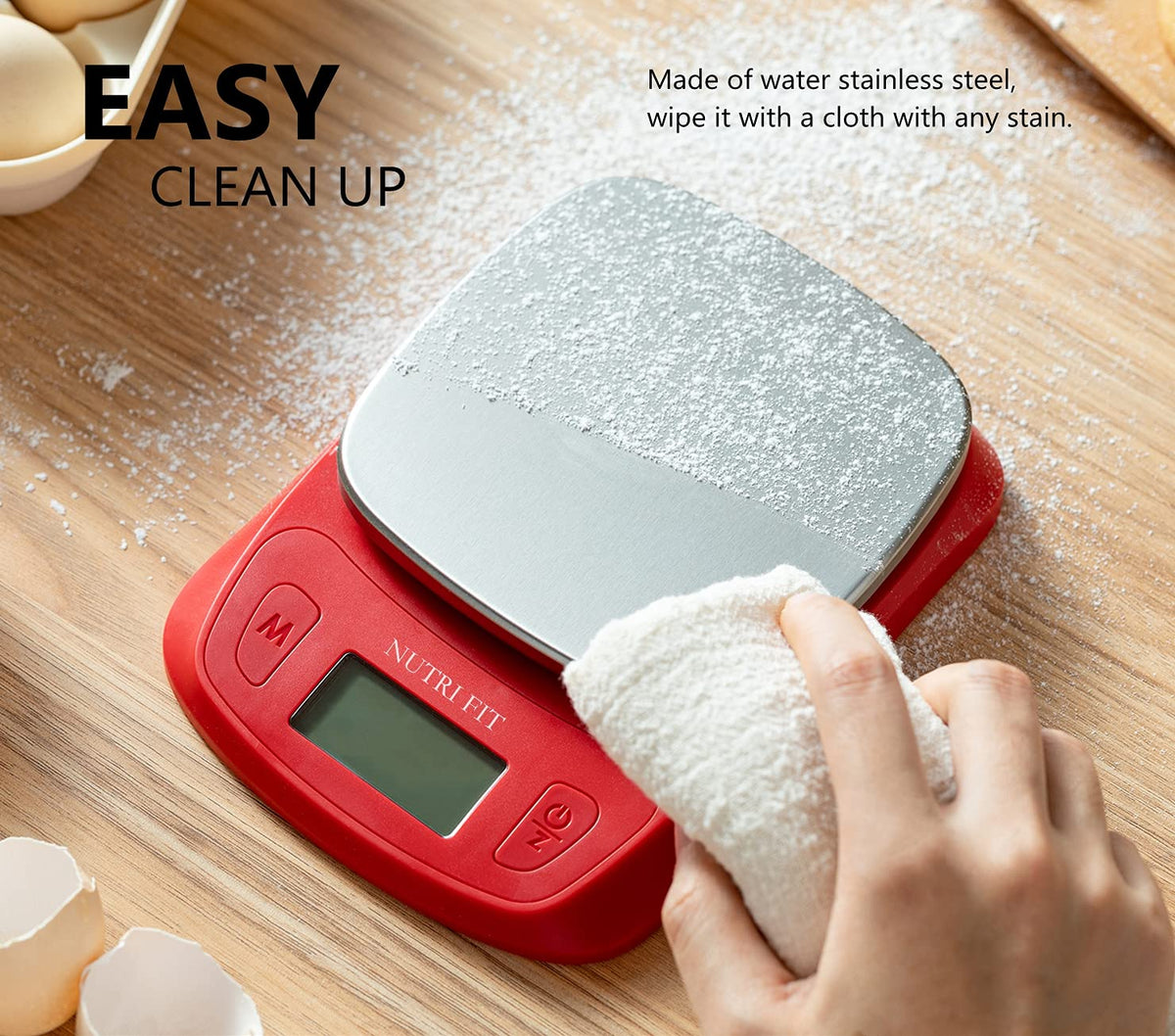 Ultra Slim Food Scale Digital Kitchen Scales Weight Grams Oz Red | Stainless Steel Panel, 1g Increment, Max 11lbs, Backlit Screen, High Precision, Coffee Making, Meal Prep, Include Batteries