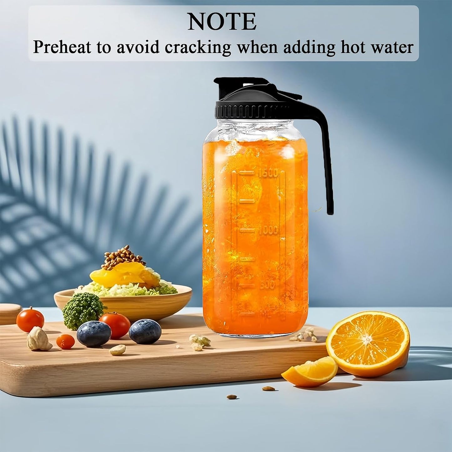 64oz Glass Pitcher Carafes With Handle and Lid, 2 Quart Mason Jar, Large Water Jug, Glass Containers for Fridge, Water Pitcher for Juice, Iced &amp; Sun Tea, Cold Brew Coffee, Homemade Beverage