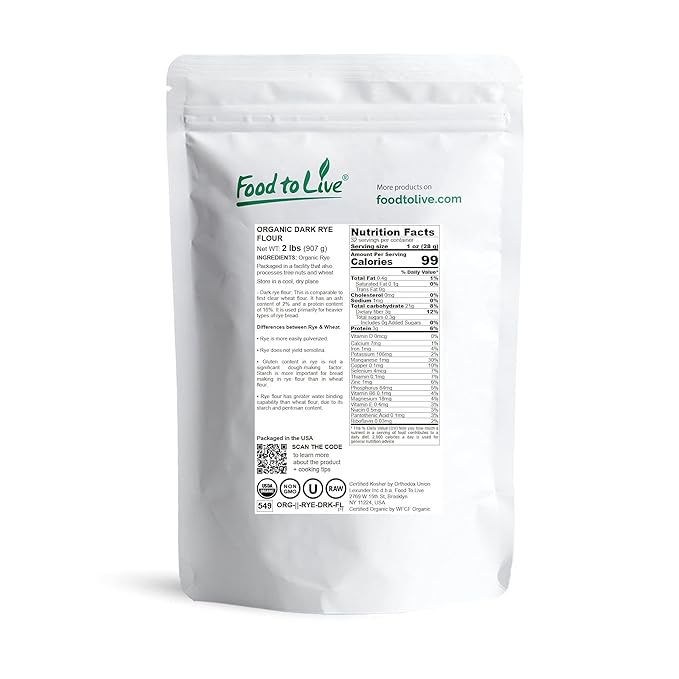 Food to Live Organic Dark Rye Flour, 2 Pounds – Whole Grain, Non-GMO, Stone Ground, Kosher, Raw, Vegan, Bulk, Great for Baking Bread, Product of the USA
