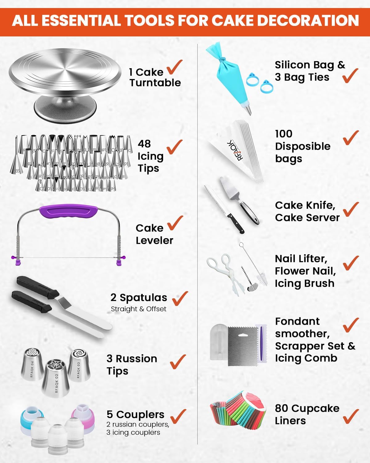 RFAQK 250 PCs Aluminum Cake Decorating Tools Kit with 12" Metal Turntable & Knife set-48 Numbered Icing Tips-3 Russian Piping