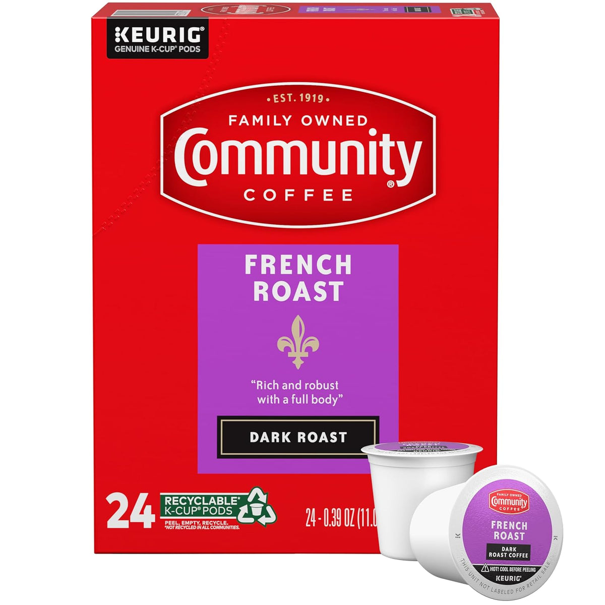 Community Coffee French Roast 24 Count Coffee Pods, Extra Dark Roast, Compatible with Keurig 2.0 K-c