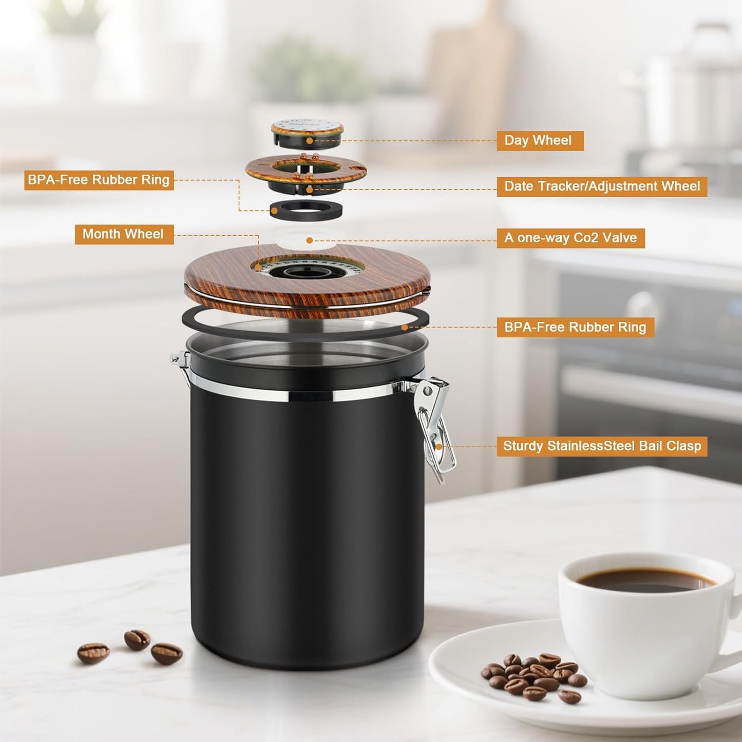 Coffee Canister, 35OZ Stainless Steel Coffee Bean Storage for 1kg Beans, Food Storage Container with Date Tracker, Scoop & CO2 Valve
