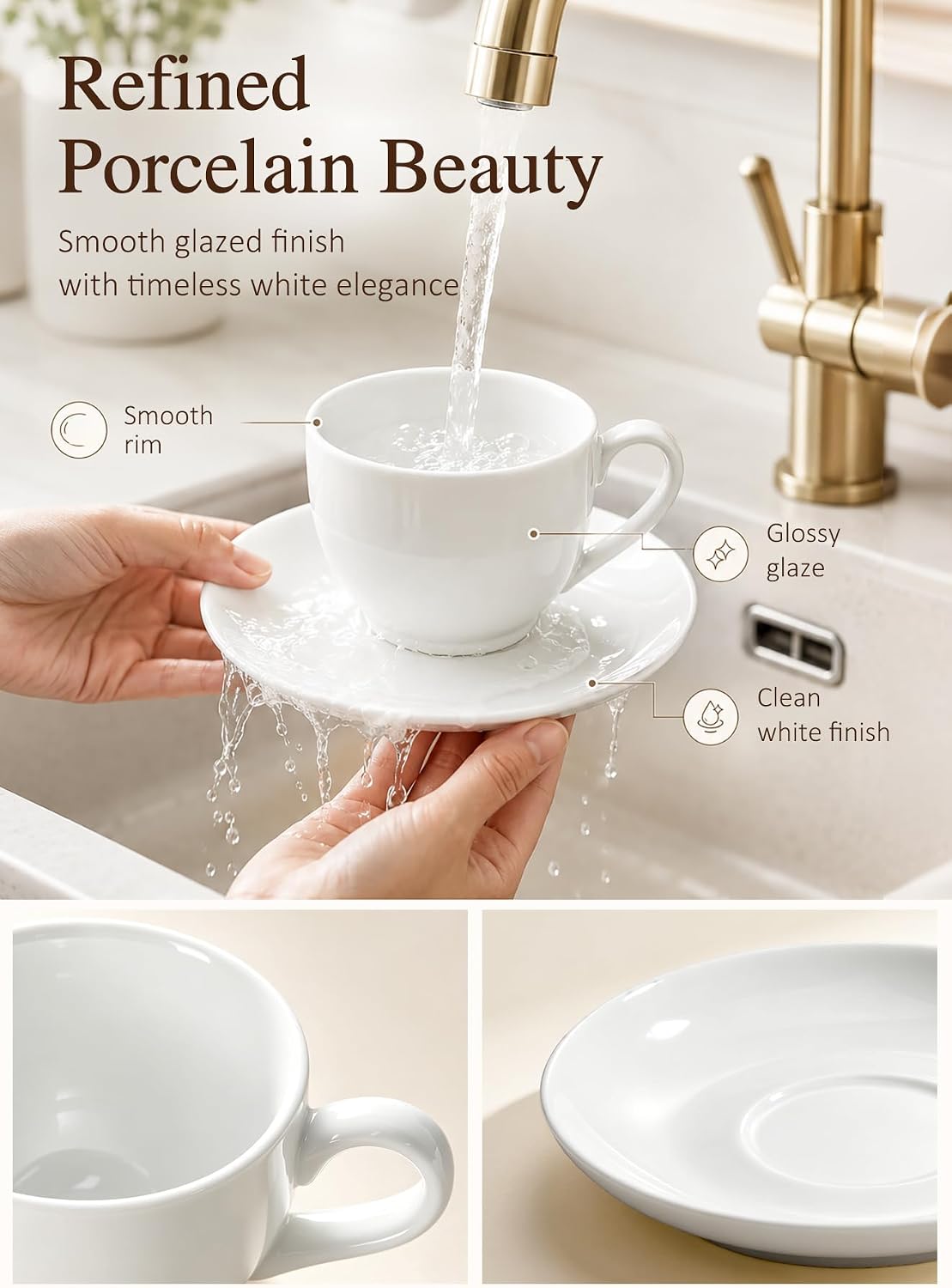 8 oz Porcelain Cappuccino Cups with Saucers and Metal Stand, Set of 4