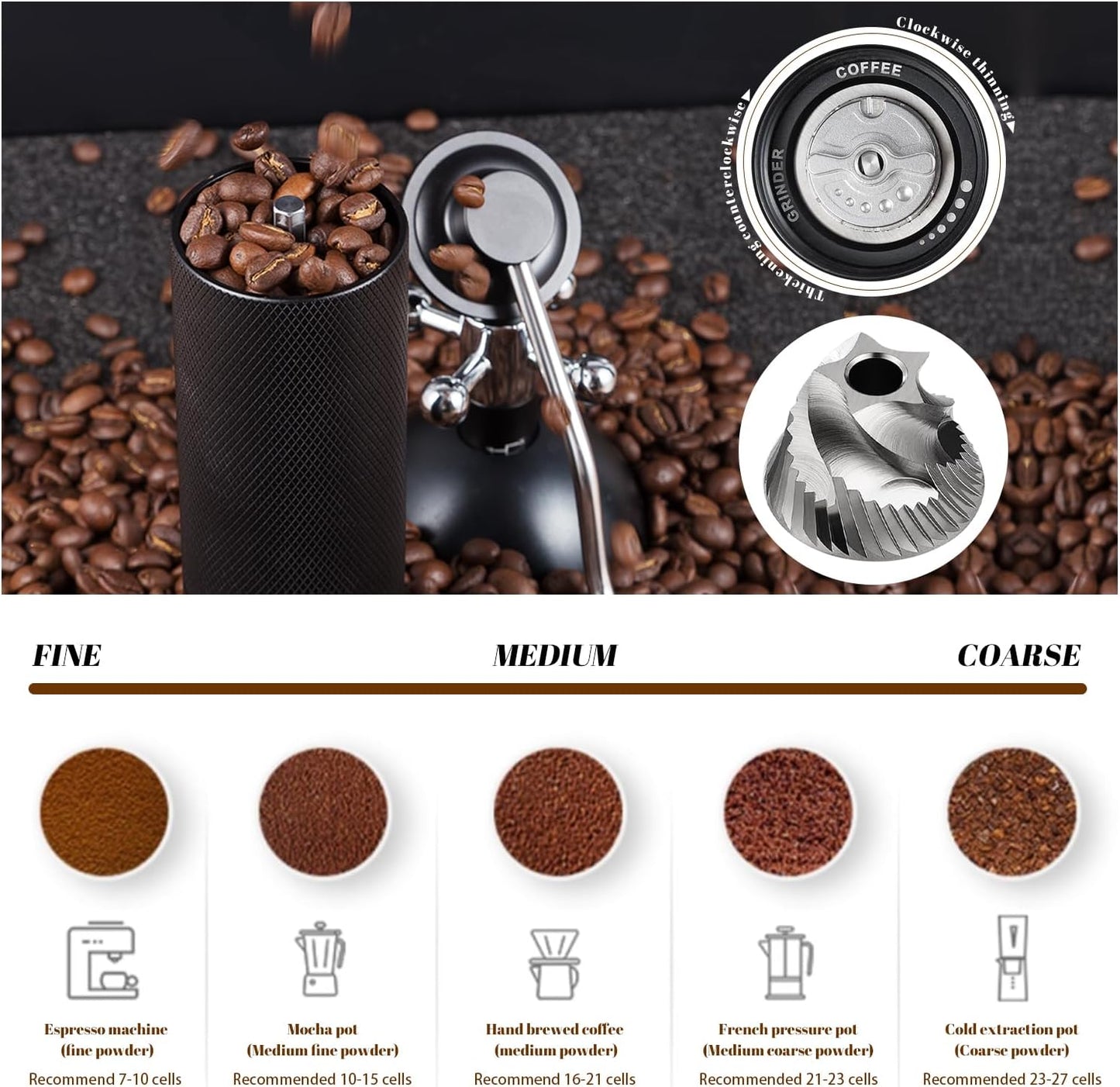 Generic Manual coffee grinder Capacity 25 grams, stainless steel tapered burrs - wooden handle - adjustable internal settings, dual bearing positioning, MCG2401, Black