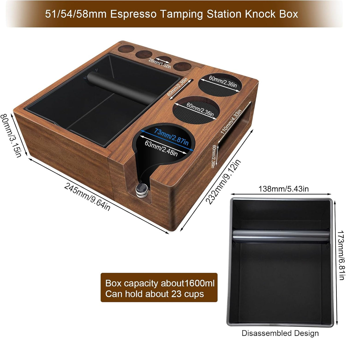 Espresso tamping station and knock box,Wooden portafilter holder,Espresso organizer station box,Tamping station fit for storage 51/54/58mm coffee accessories,Multifunctional tamper station