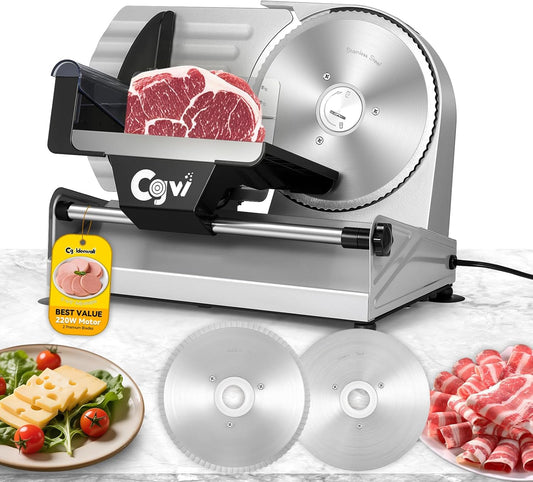 CGOLDENWALL Meat Slicer, 220W Electric Deil Food Slicer with 2 Removable 7.5" Blades, 4/5" Adjustable Thickness, Food Slicer