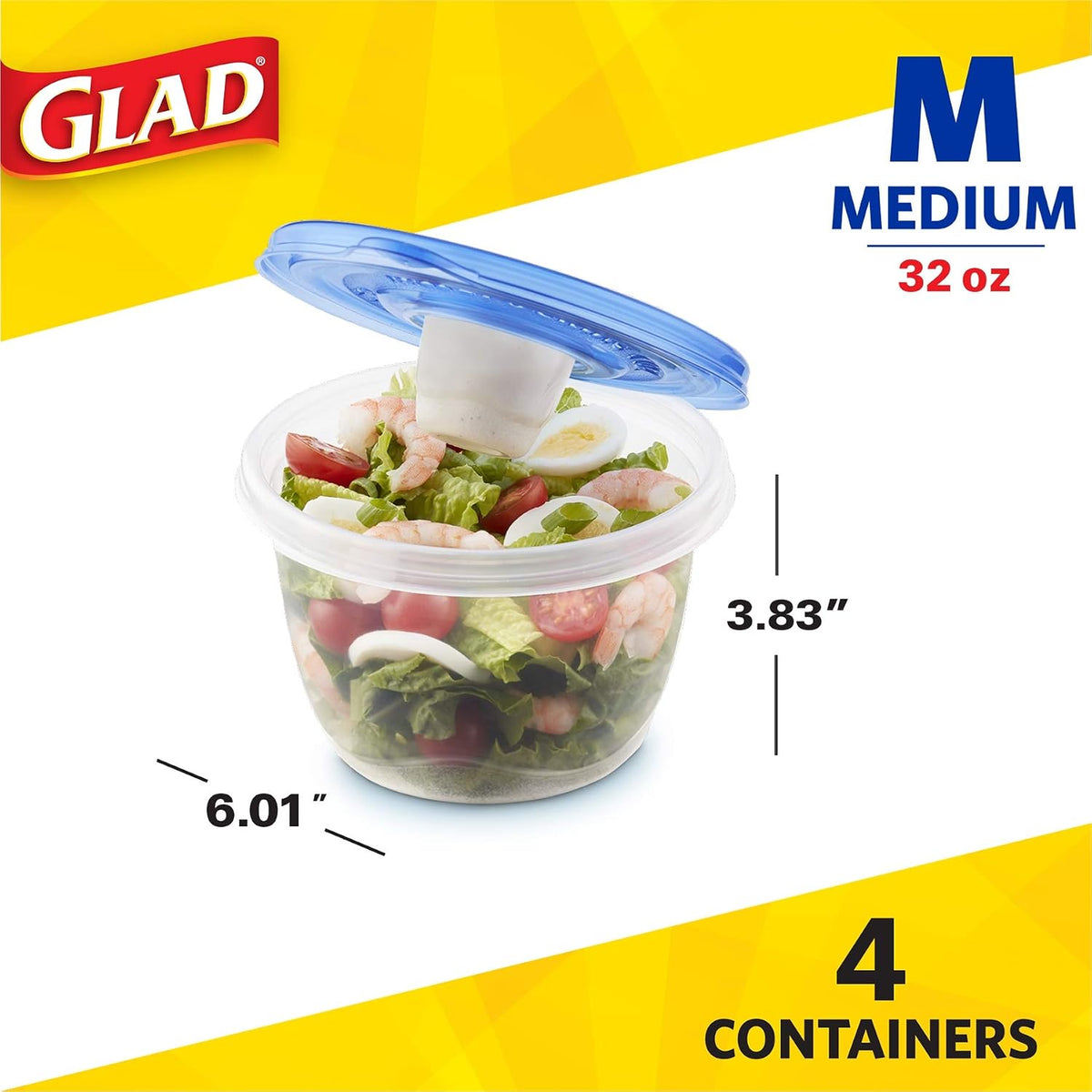 Glad GladWare To Go Containers with Dressing Cup, 32 Oz, 4 Count, 6 Pack