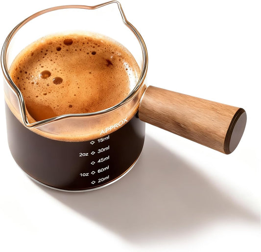 YARRAMATE 3.4oz Espresso Cups with Wood Handle, Clear Glass Espresso Accessories, Double Spout Measuring Cup with Dual